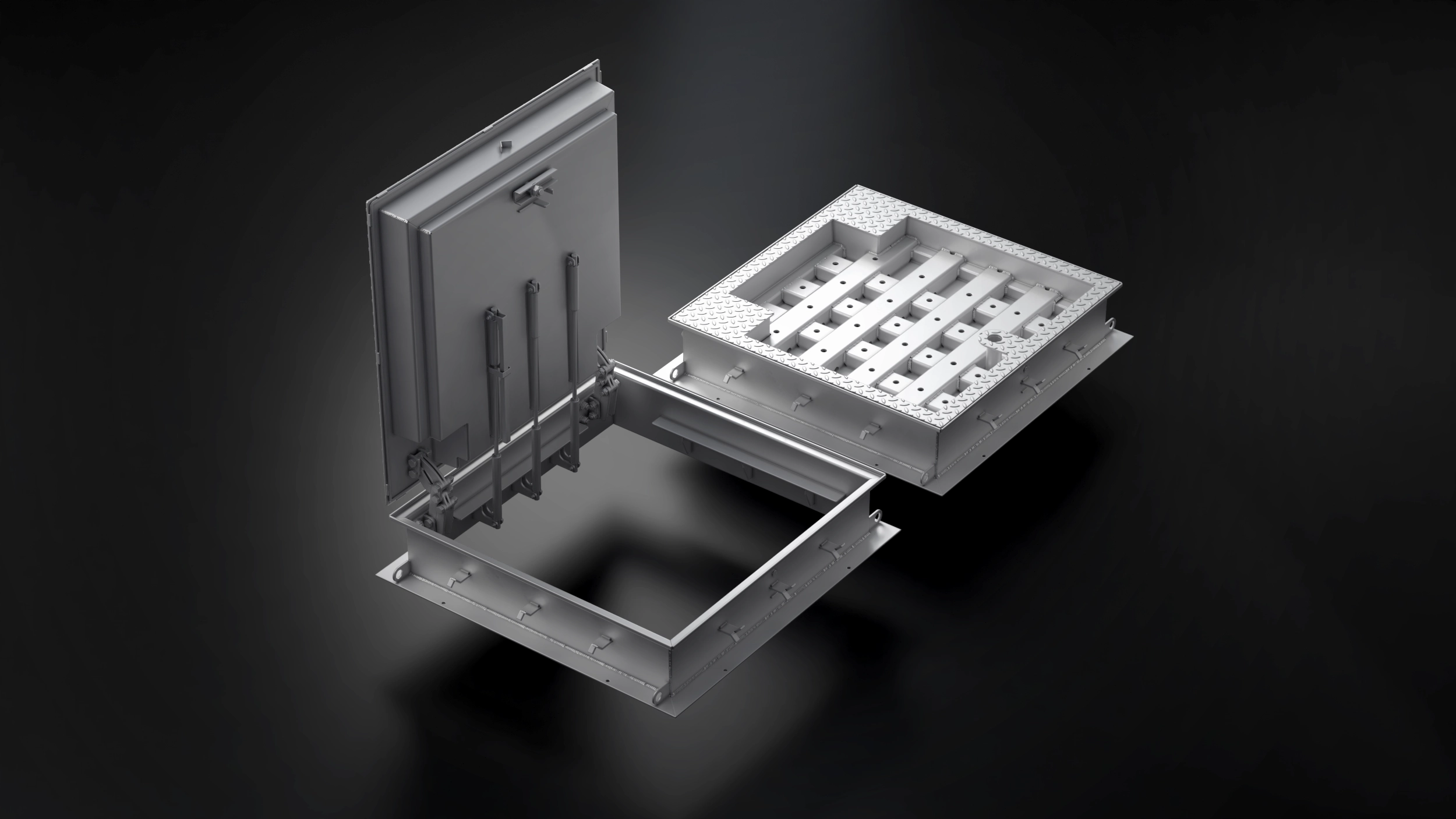 Perspektivische Ansicht einer Schwerlast-Schachtabdeckung.